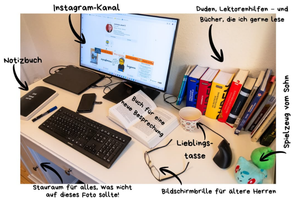 Bild von meinem Schreibtisch mit witzigen Anmerkungen