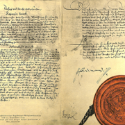 Die beiden Schlussseiten des Augsburger Religionsfriedens (1555), Bild: Wikimedia Commons (gemeinfrei)